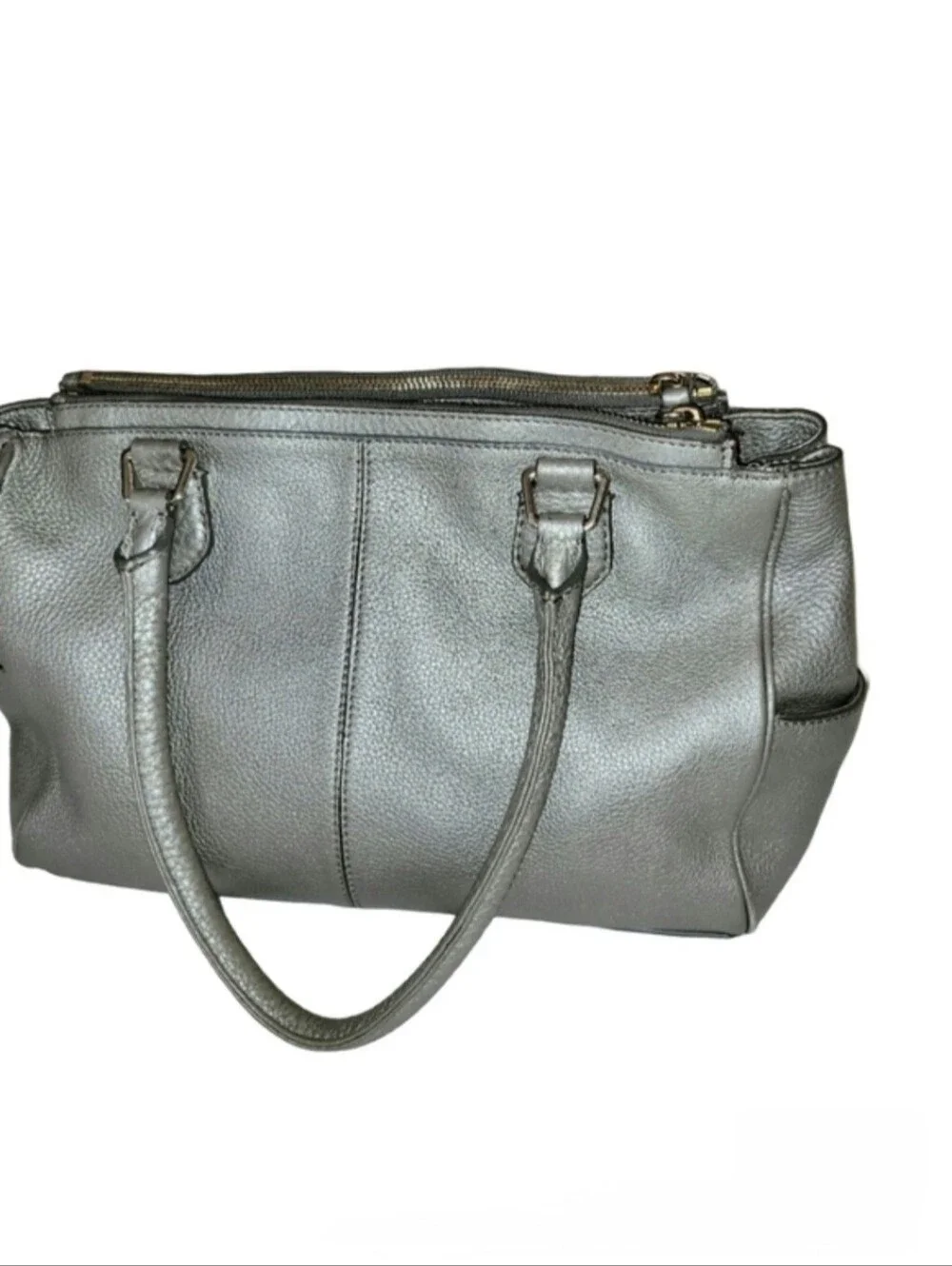 Cole Haan Silver Metallic Pebbled Leather Tote Satchel Purse Silver Hardware